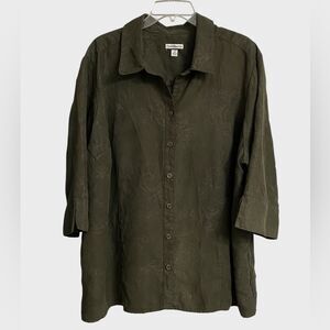Croft & Barrow Button Up Faux Suede Shirt Jacket Women's Sz 3X Embroidered Green